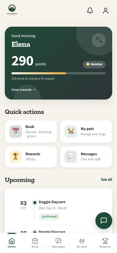 Pet parent app home screen with loyalty points and upcoming bookings.